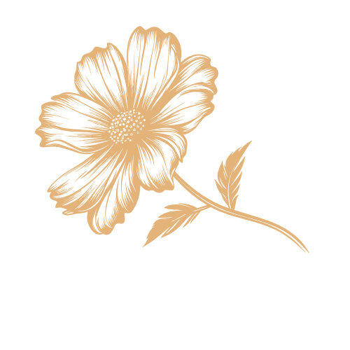 A beige floral illustration of a flower with a stem and leaves on a black background.