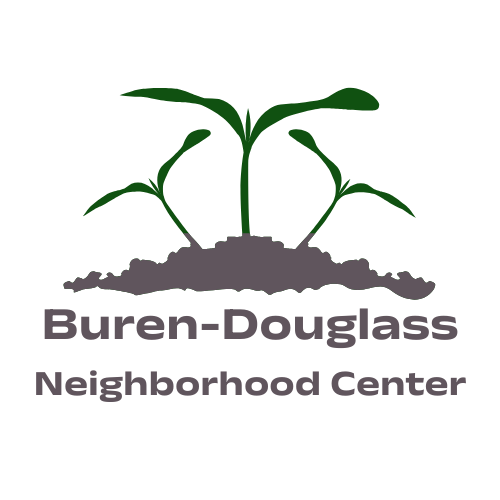 Logo for Buren-Douglass Neighborhood Center featuring three stylized green plants growing from soil.
