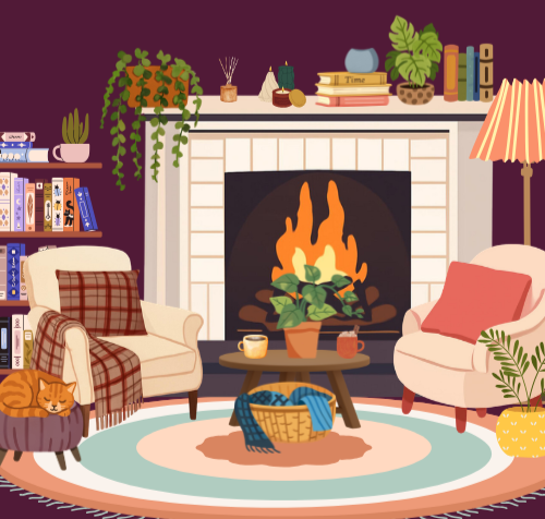 Cozy living room with a fireplace, two armchairs, a side table with a basket, a potted plant, and a bookshelf. Decor includes plants, books, a lamp, and a cat sleeping on a blanket.