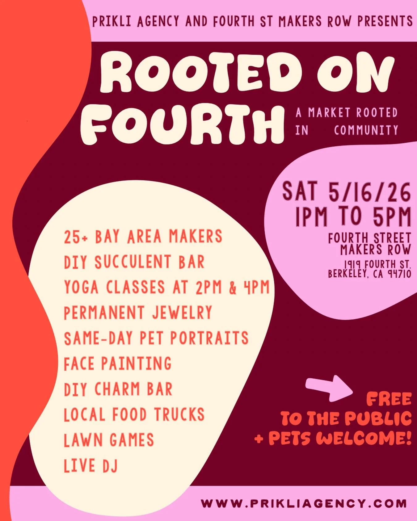 Good finds. Good people. Berkeley. 🌿

Rooted on Fourth is back &mdash; Sat 5/16, 1&ndash;5pm at Fourth Street Makers Row.

25+ makers, yoga, permanent jewelry, pet portraits, food trucks + a live DJ. Free to the public, pets welcome.
See you on Four
