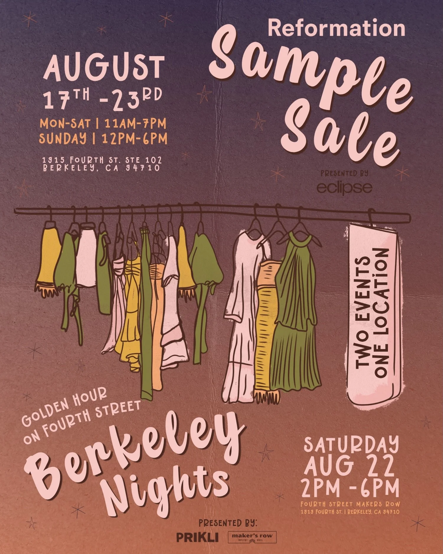 Two events. One Saturday in Berkeley. ✨

Berkeley Nights is happening alongside the @eclipsesamplesale , which means even more reasons to spend the afternoon on Fourth Street.

Shop major deals at the sample sale, then make your way over to Berkeley 