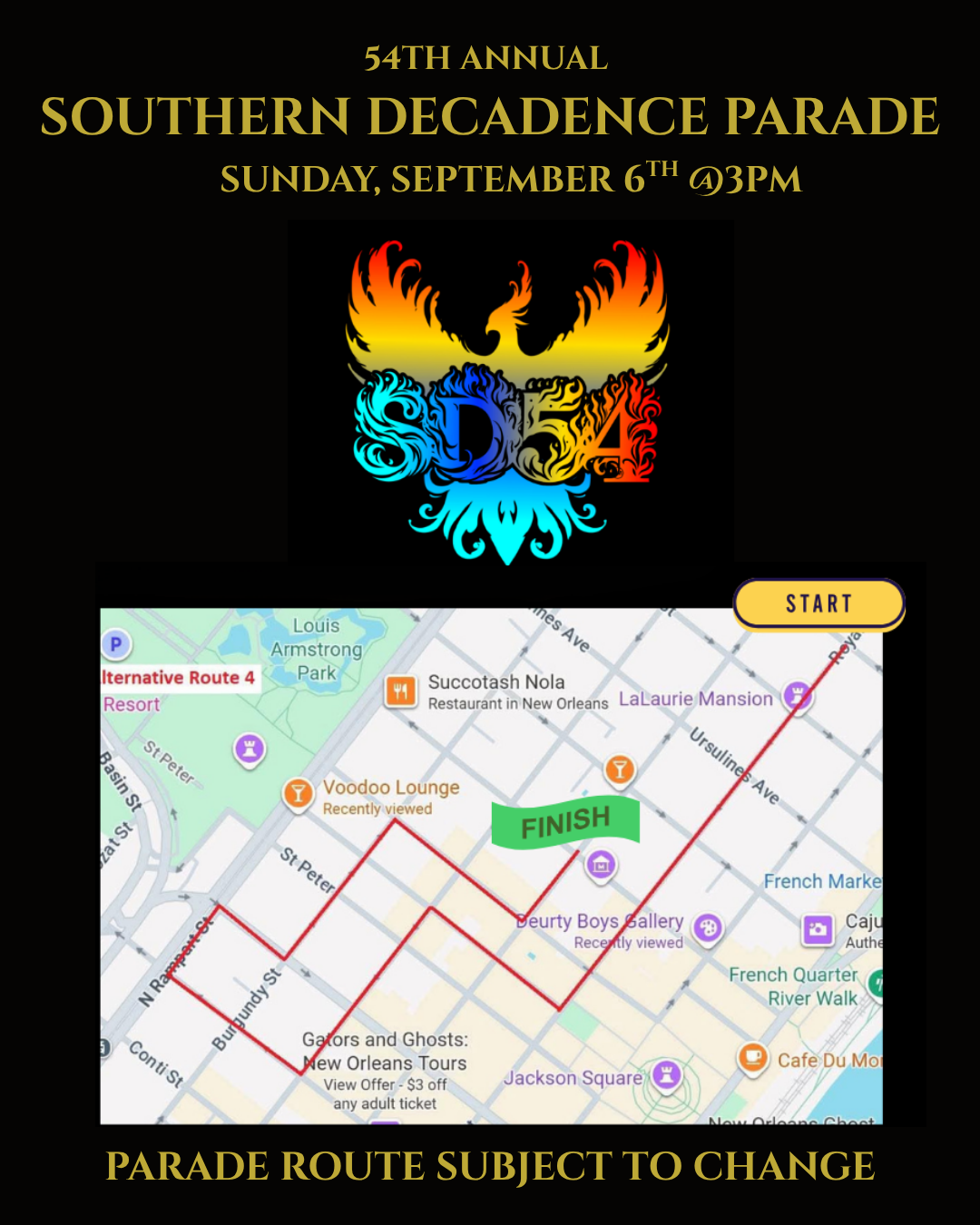 2026 Southern Decadence Parade route. The parade starts at 3pm.