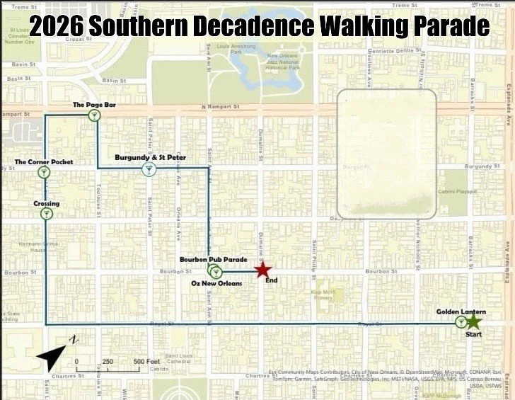 Map of the 2026 Southern Decadence Walking Parade route in New Orleans, showing starting point at Golden Lantern, parade route passing the Crossings, The Corner Pocket The Page Bar The Pub Oz and ending on Dumaine Street