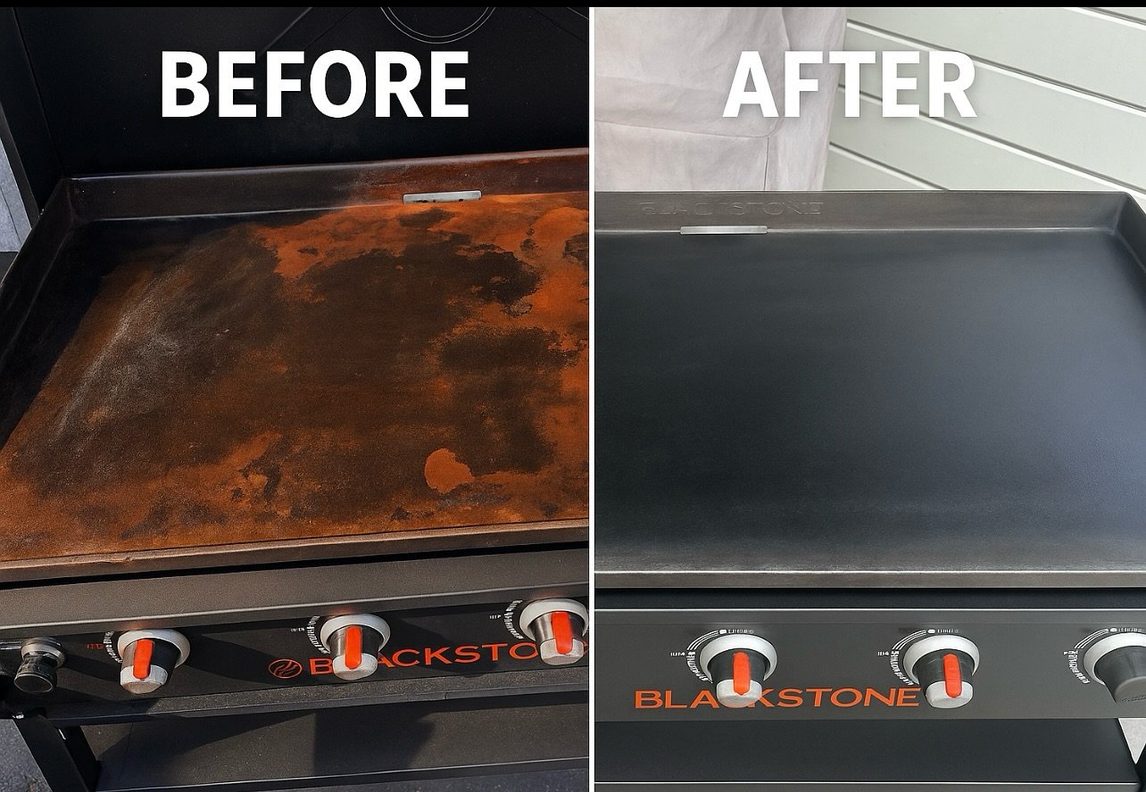 Before &amp; After 🔥
From grime to shine &mdash; this Blackstone went from crusty to cook-ready! 💪✨
Book your deep clean and get your grill looking (and sizzling) like new. 

 #GrillCleanUp #BlackstoneGrill #BeforeAndAfter #PristineGrills #wilmingt