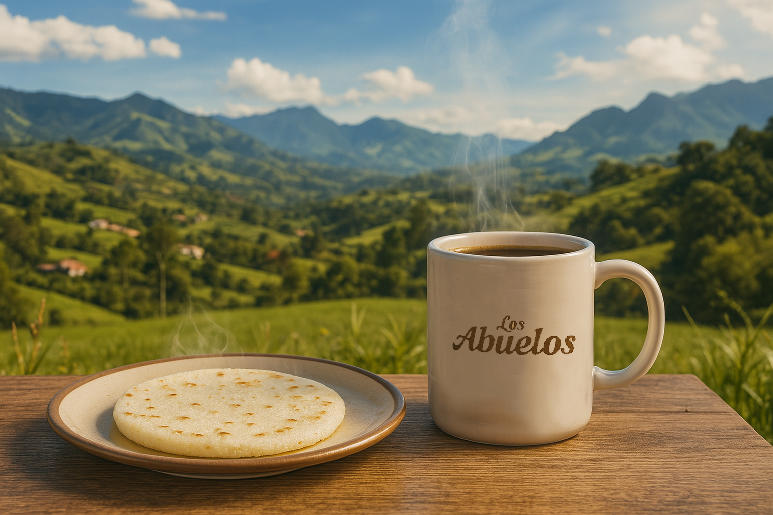 Una taza de café humeante junto a una galleta en un plato, con un paisaje montañoso y cielo con nubes en el fondo.