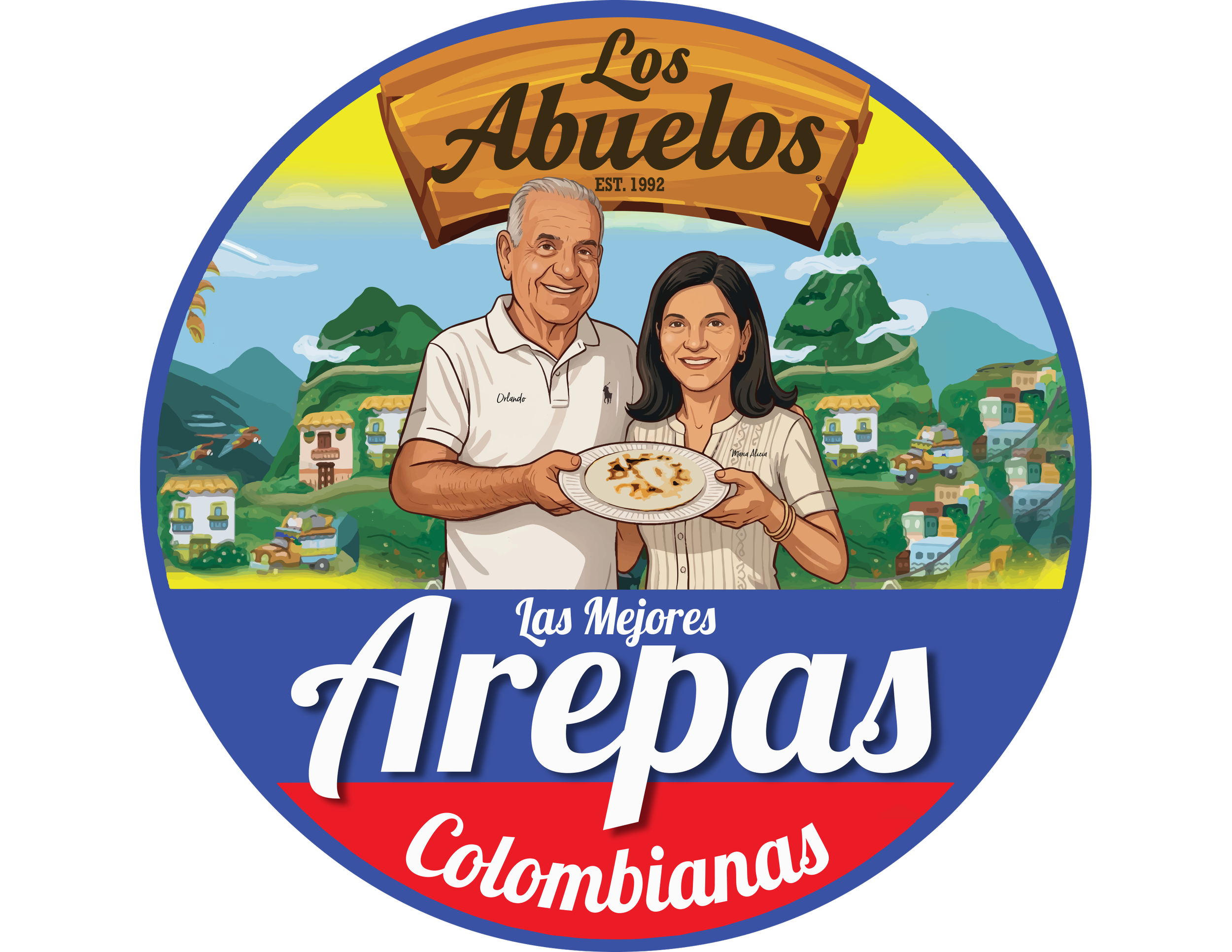 Sello de una marca llamada Los Abuelos, con ilustración de una pareja con una pizza en un paisaje de montañas y casas, y textos en español que resaltan la calidad de la pizza y sus ingredientes colombianos.
