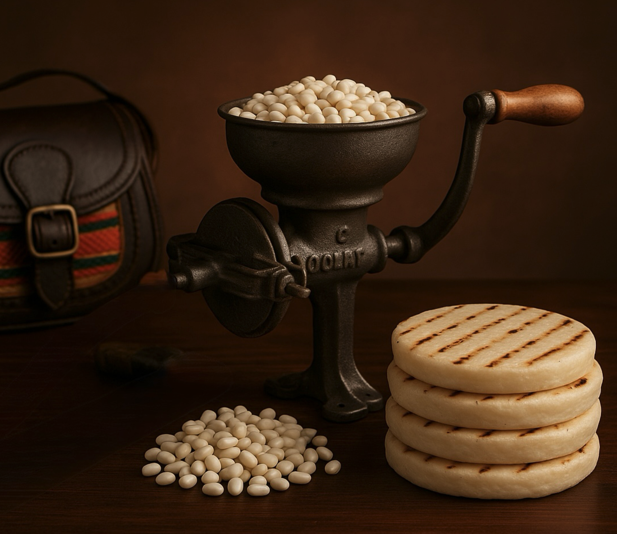 Molletes de queso con marcas de grill apilados, cerca de un paquete de frijoles blancos en una mesa de madera oscura.