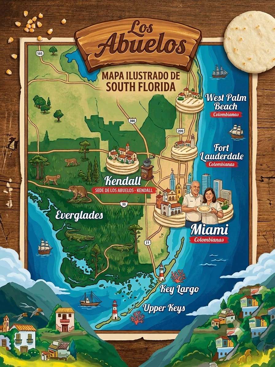Mapa ilustrado de South Florida en estilo caricatura, mostrando ciudades como Kendall, Miami, Fort Lauderdale y West Palm Beach, con elementos de la naturaleza y mar, además de una figura holding un plato y una pareja, representando a colombianos.