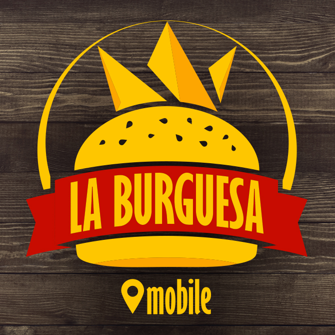 Logotipo de una marca de comida rápida con una hamburguesa con papas fritas, sobre fondo de madera, con el texto 'La Burguesa' y 'mobile' debajo.