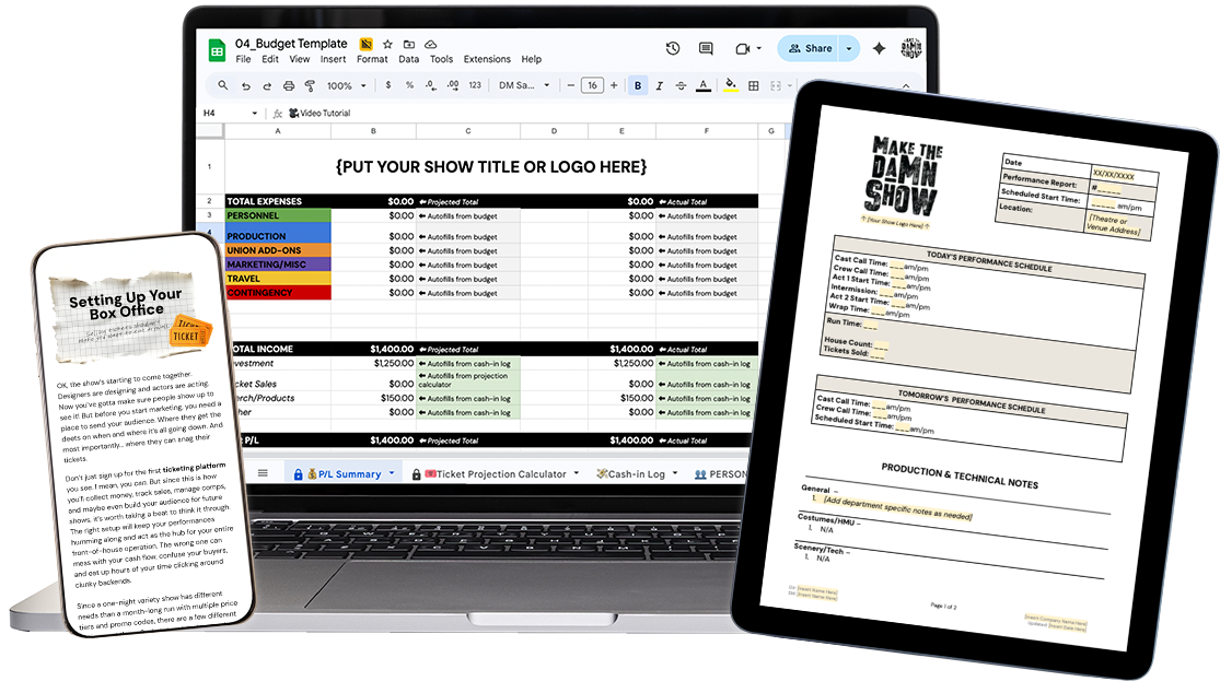 Photo of a laptop, a phone, and a tablet displaying a budget template, a box office guide, and rehearsal planning documents related to the "Make the Damn Show" producing system.
