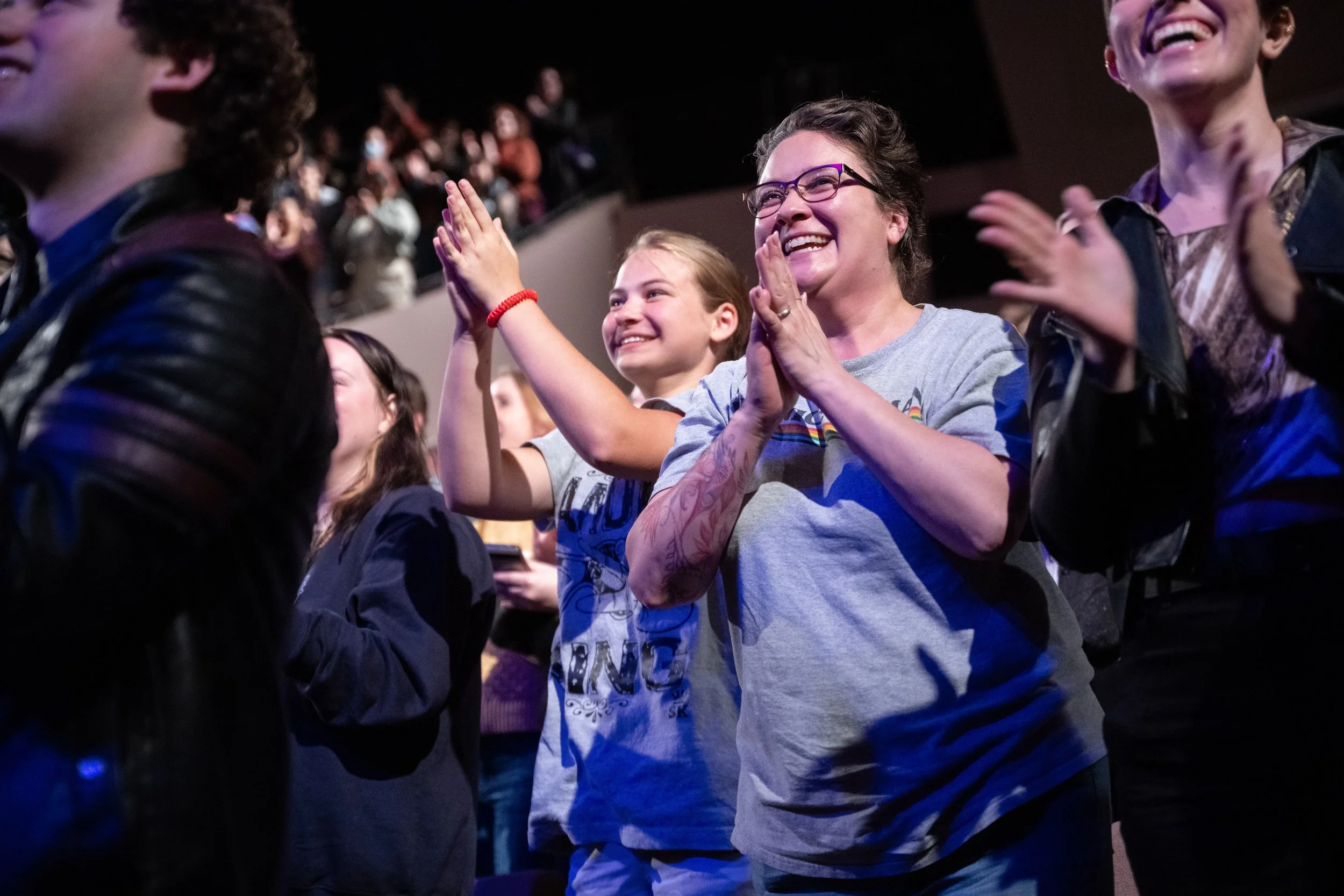 The excited, smiling audience of Spies are Forever, produced and starring Brain,owner of Make The Damn Show, showing you how to make and produce your own stage show
