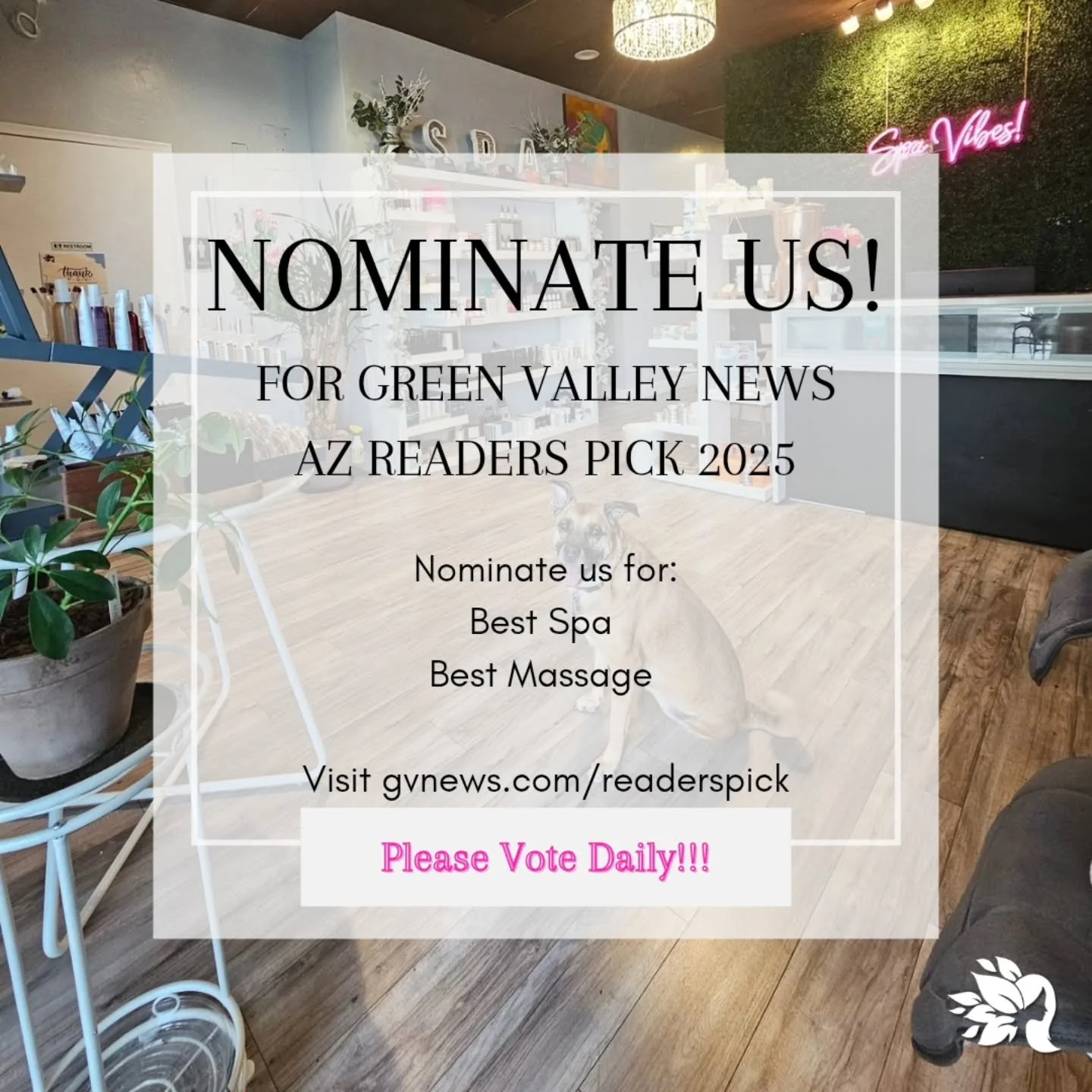 🌟 We Need Your Vote! 🌟

We&rsquo;re excited to share that Green Valley News Readers&rsquo; Pick nominations are now open &mdash; and we&rsquo;d be so grateful for your support!

Please take a moment to nominate us for:
✅ Best Spa
✅ Best Massage

Yo