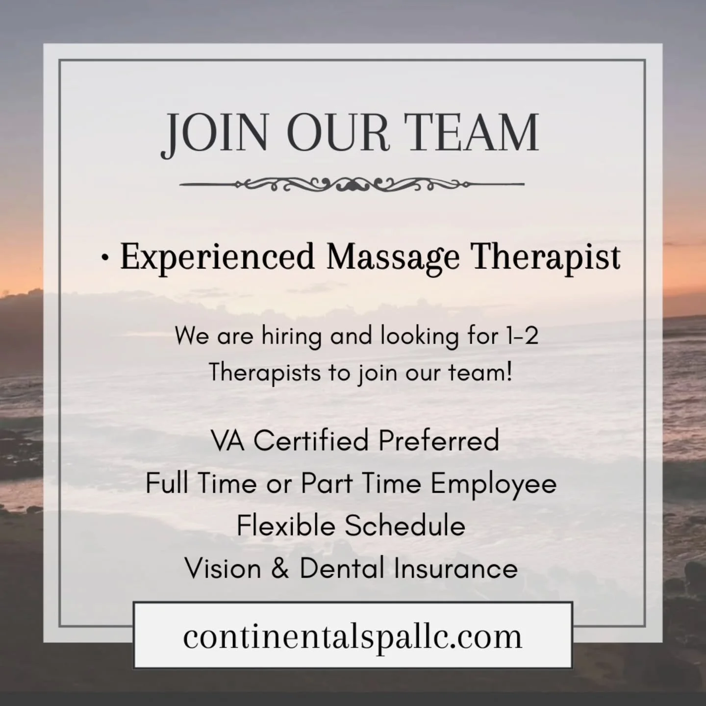 🌿 We&rsquo;re Hiring!
Continental Spa &amp; Wellness Center is looking for a Full-Time Massage Therapist to join our award-winning team!
If you&rsquo;re passionate about helping others heal and want to work in a supportive, holistic environment &mda