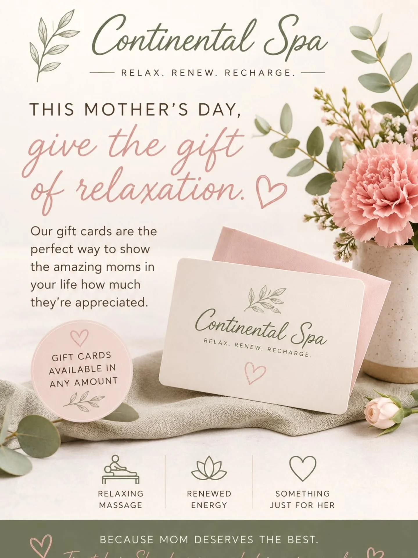 This Mother&rsquo;s Day, give her something she&rsquo;ll truly feel 💗

A moment to slow down&hellip;
To relax&hellip;
To be taken care of for once.

Our gift cards are the perfect way to say thank you to the moms who do it all. Whether it&rsquo;s a 