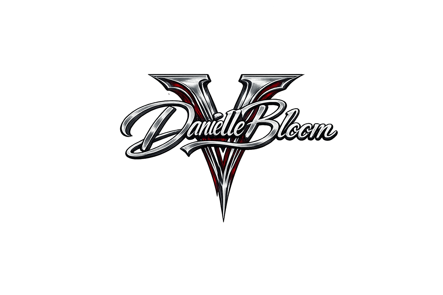 Centered logo with the name "Danielle Blom" over a stylized red and black letter "V".