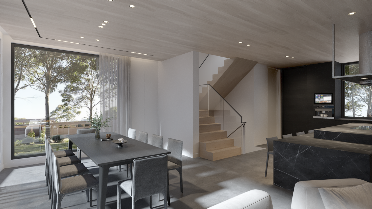 Modern dining and living area with large window, staircase, black kitchen counters, and minimalistic decor.