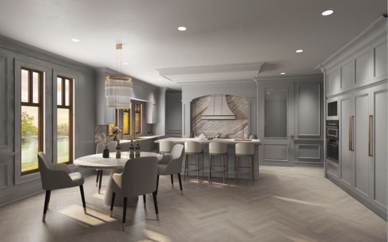 Modern kitchen and dining area with gray cabinets, a marble backsplash, round dining table with four chairs, and a kitchen island with tacky chairs.