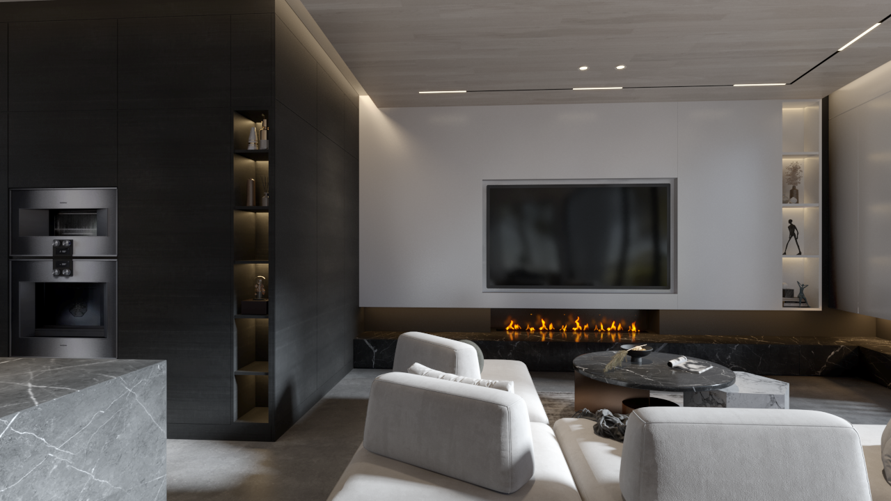 Modern living room with a wall-mounted TV, a fireplace, white sofa chairs, and built-in shelves with decorative items