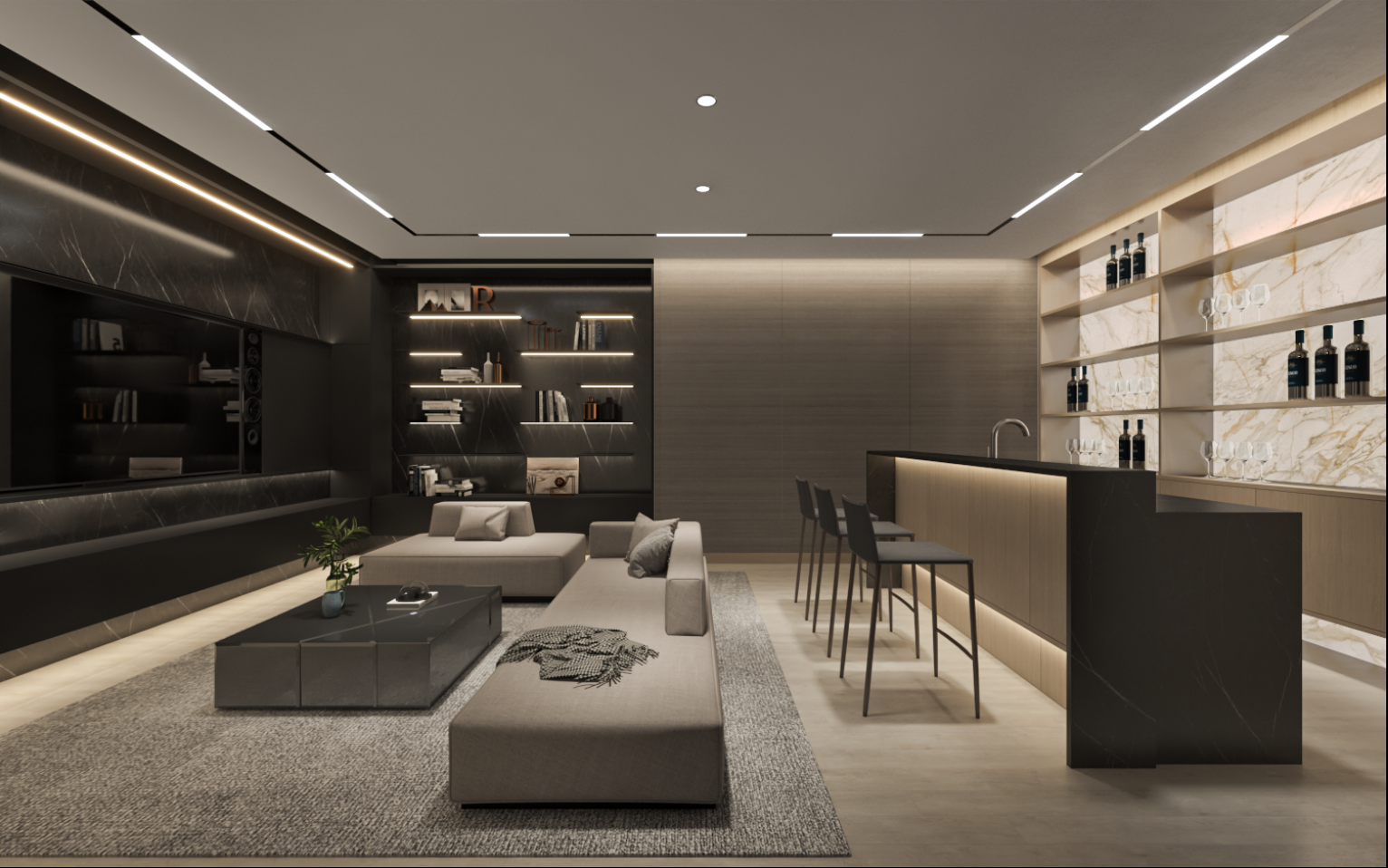 Modern living room with gray sofa, black coffee table, built-in shelves with books and decorative items, bar counter with bar stools, and floor-to-ceiling wine shelves.