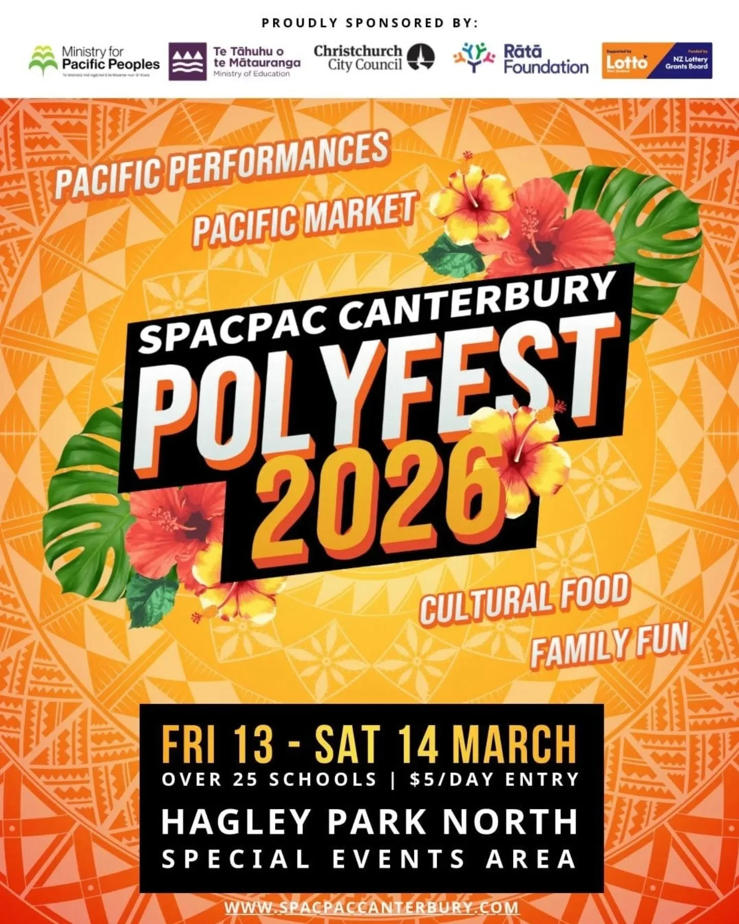 🚨SPACPAC Canterbury Polyfest🚨

📅Friday 13 March ⏰️ 5 - 8pm 
📅 Saturday 14 March ⏰️ 8:30am - 5:30pm
📍Hagley Park North, CHC
💰 Entry is $5 for ages 12 and over. 
🎟 FREE for Children under 12

For the first time ever, this vibrant festival will r