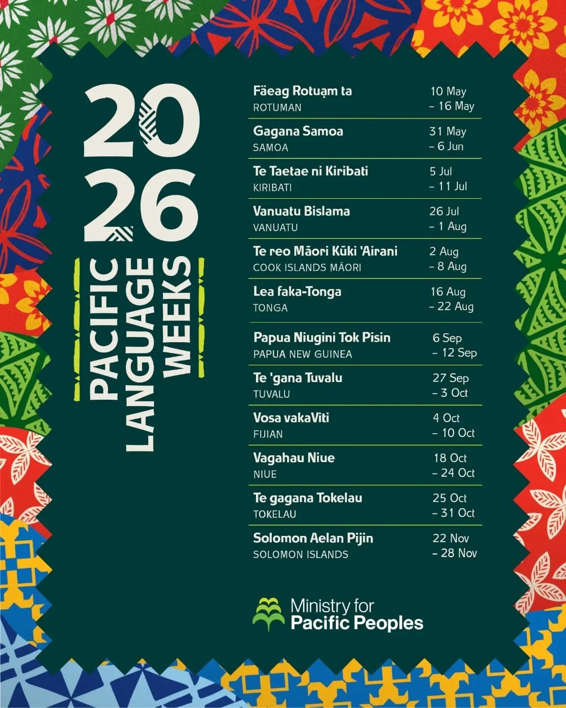 NZ Pacific Language Weeks 📅

Celebrate the rich languages of the Pacific with the Pacific Language Weeks series. Experience vibrant community events and engaging learning initiatives designed to promote and preserve Pacific languages.

Check out 
@m
