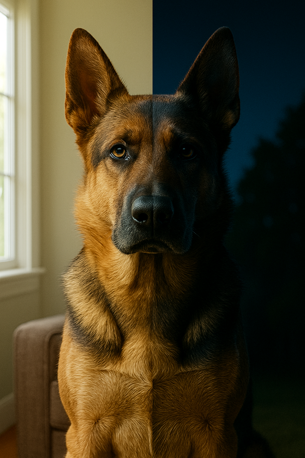 A Doberman Pinscher dog looking directly at the camera inside a house, with windows and curtains visible in the background.