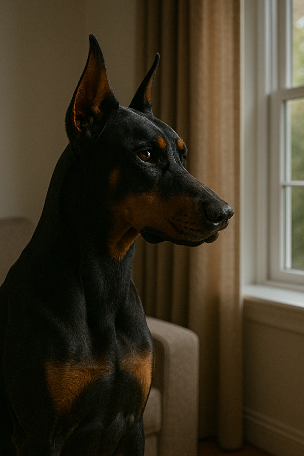A Doberman dog sitting indoors near a window, looking outside.