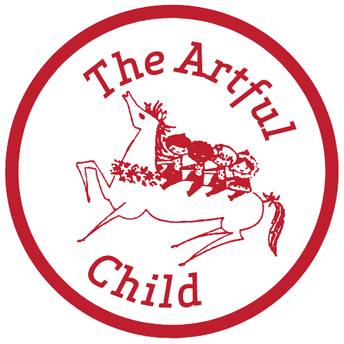 Logo with a red circle, featuring a child's drawing of a child riding a horse, with the text 'The Artful Child' around the top and bottom of the circle.
