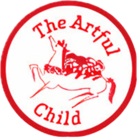 Logo with red text reading 'The Artful Child' and a red illustration of a child riding a horse inside a circular border.