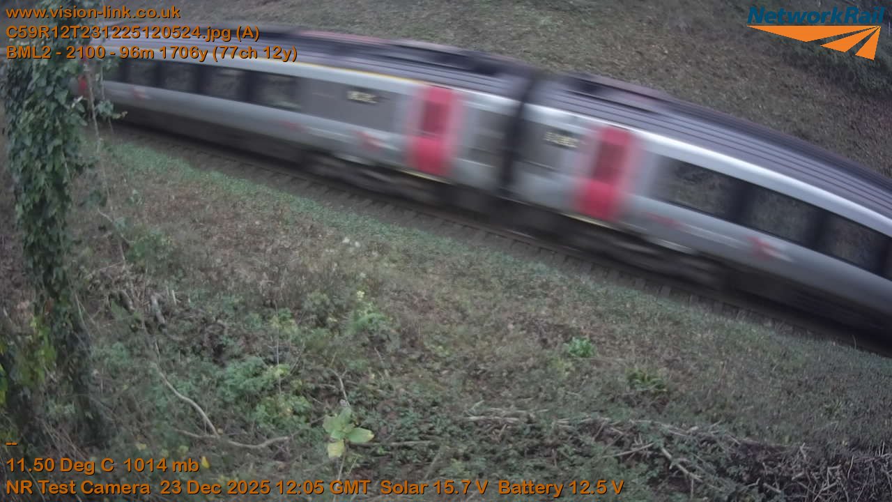 Blurred train traveling at high speed on railway track in rural area, with grass and bushes on the side, and text overlays showing technical details of the camera and environmental conditions.