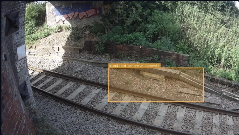 Railroad track with displaced concrete elements causing uneven surface