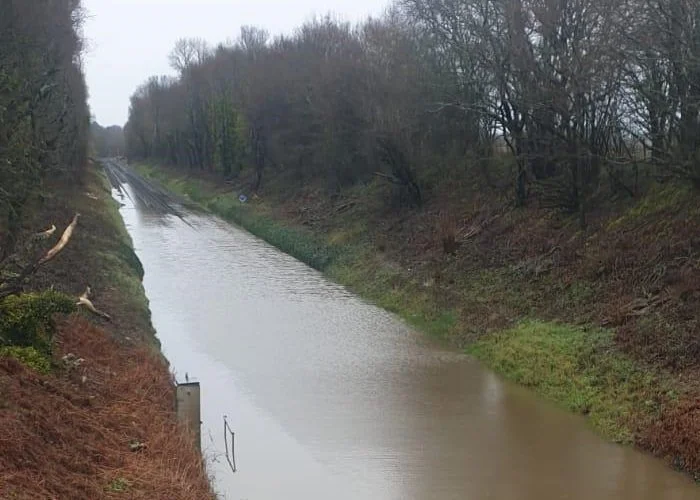 A narrow waterway or canal with muddy brown water, flanked by grassy and wooded banks. The sky is overcast.