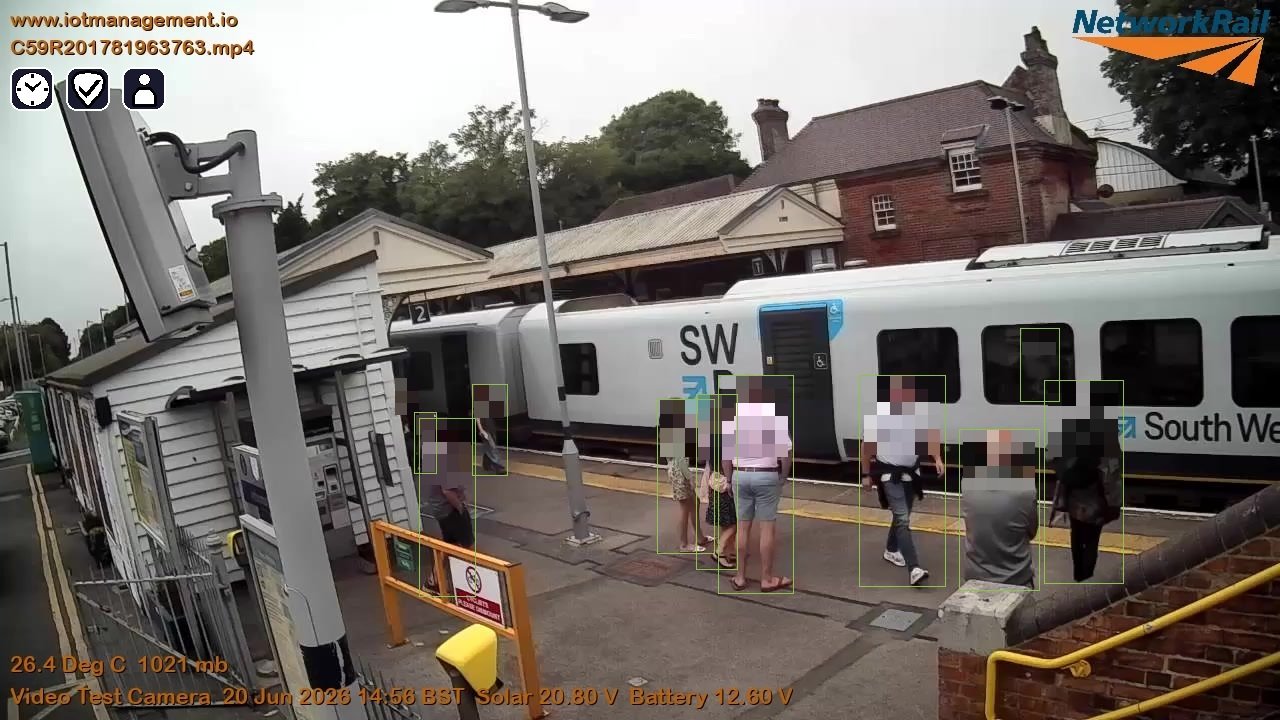 A train station platform with passengers waiting for a South Western Railway train. Several people are standing near the platform edge, and a gasket is seen leaning on a brick barrier. Overhead, there are signage and a small building structure, with trees and a brick house in the background.
