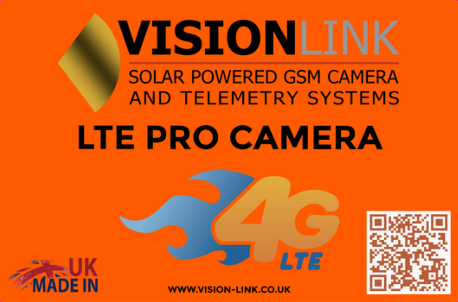 Bright orange promotional poster for VISION LINK, advertising solar-powered GSM cameras and telemetry systems, LTE pro camera with 4G LTE, a QR code, and UK made
