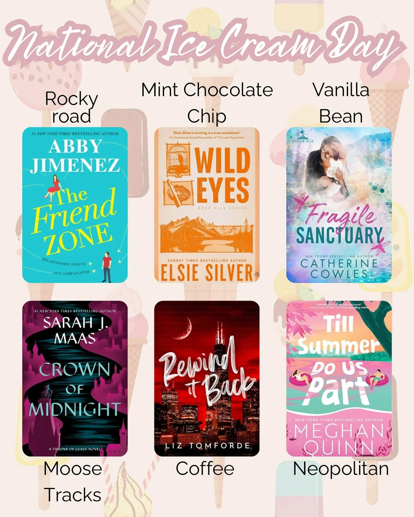🍦📚 National Ice Cream Day📚🍦@Novelbesties_collabsandbeyond are pairing books and ice cream. Here’s a scoop of my current reads, each inspired by a classic flavor:
🍫 Rocky Road: A book that started off rough but totally surprised me in the