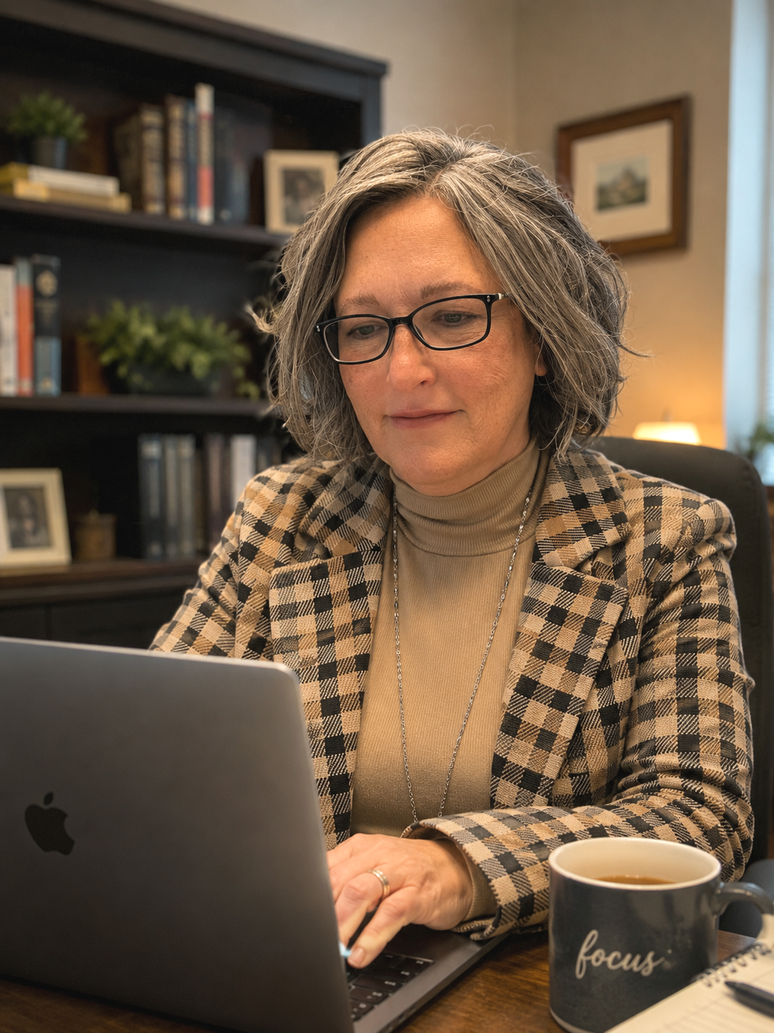A middle-aged woman with gray, curly hair and glasses is working on a laptop at a wooden desk in a cozy, well-decorated room. She is wearing a plaid blazer over a beige turtleneck. There is a coffee mug labeled "focus" on the desk, along with a notebook. In the background, there are bookshelves, framed pictures, and plants.