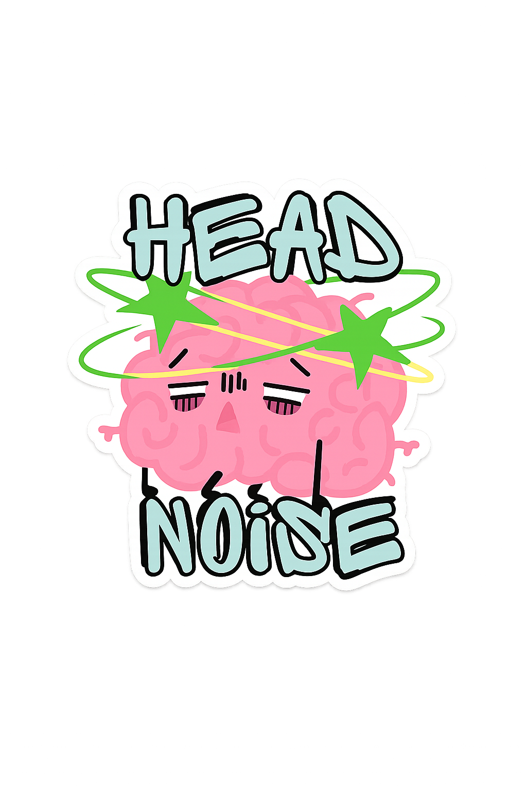 A neon sign of a pink brain with a sleepy face, surrounded by green star-shaped accents and orbiting lines. Above and below, the words "HEAD" and "NOISE" are displayed in stylized blue and black letters.