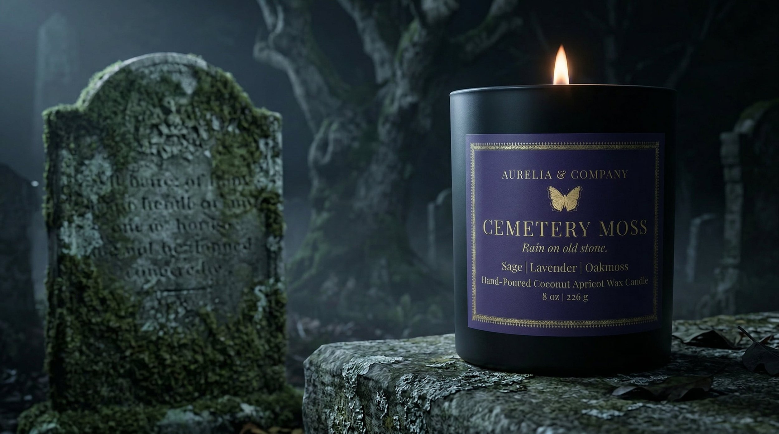 A lit black candle labeled 'Cemetery Moss' with scent notes, placed on a stone surface in a graveyard setting next to a moss-covered tombstone.
