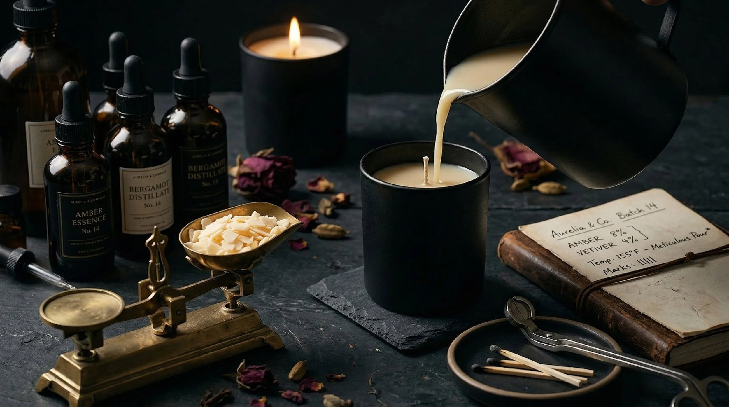 A dark surface with essential oils, a lit candle, dried flower petals, a scale, white wax flakes, a notebook with handwritten notes about amber essential oil, and pouring wax into a black cup.