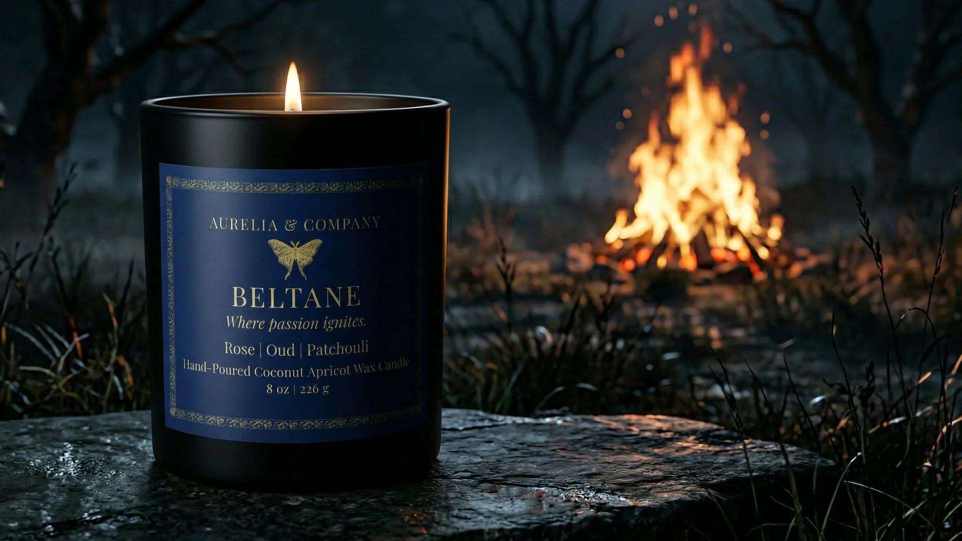 A lit black candle with a blue label reading "BELTANE" and the scent notes Rose, Oud, and Patchouli, placed on a wet surface outdoors, with a campfire burning in the background among trees at night.