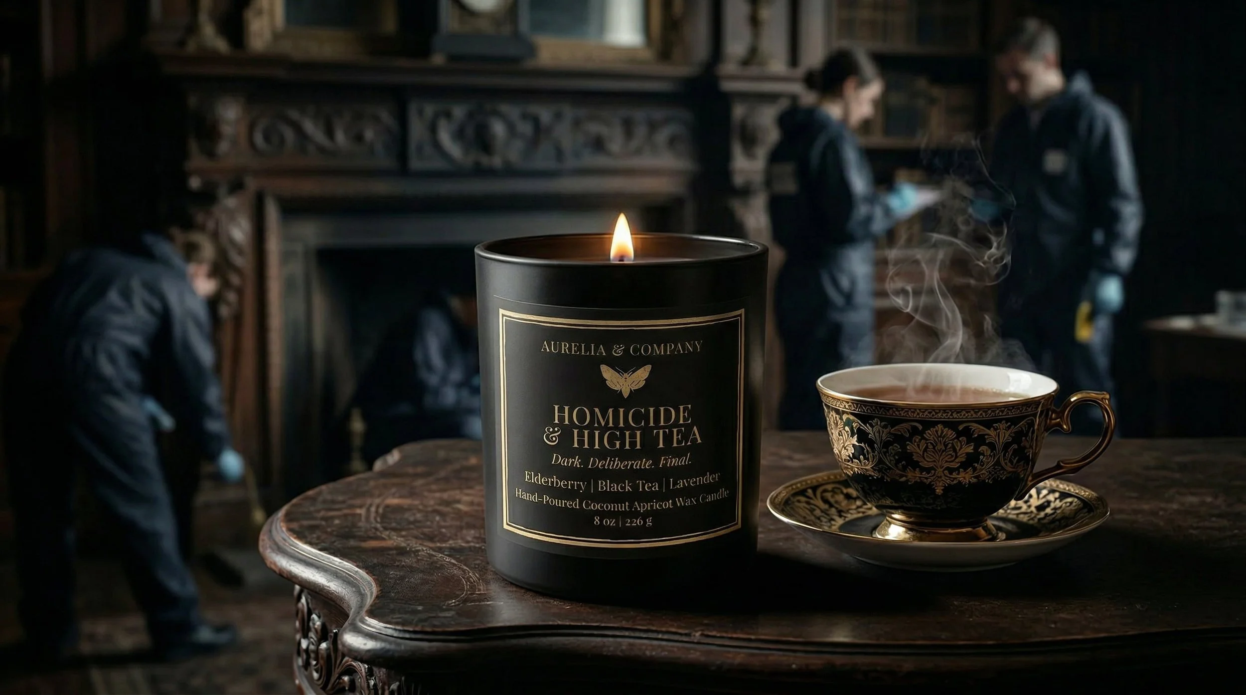 A candle labeled 'Homicide & High Tea' burning on a wooden table, with a steaming teacup featuring gold ornate design next to it. In the background, people wearing dark jackets and masks are in a dimly lit room with intricate wooden carvings.