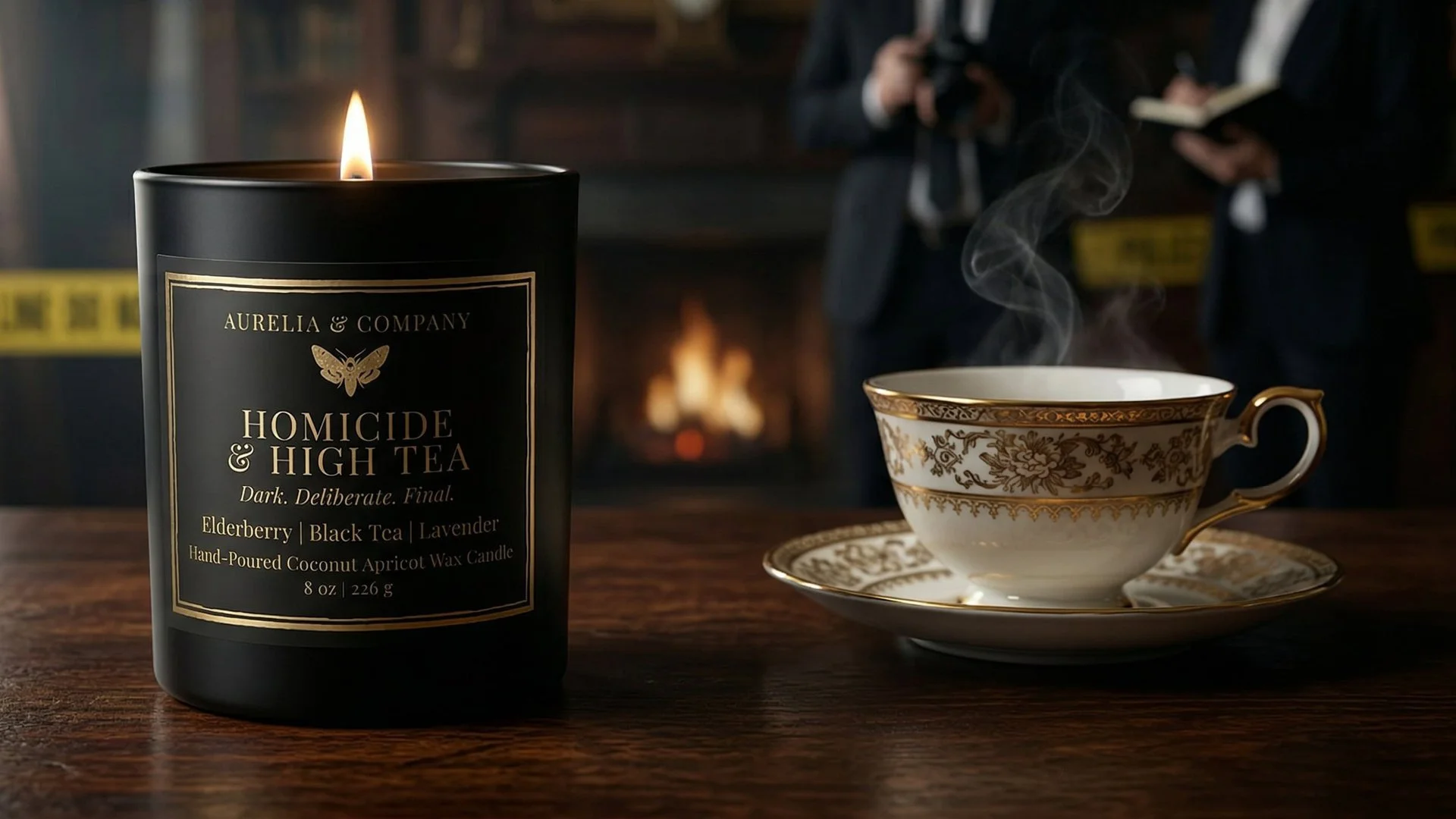 A black scented candle labeled "Homicide & High Tea" by Aurelia & Company burning on a wooden table with a flame visible. To the right, a steaming cup of tea in an ornate, gold-patterned teacup and saucer. In the background, there is a fireplace and blurred figures of people dressed in formal attire, holding notebooks and cameras.