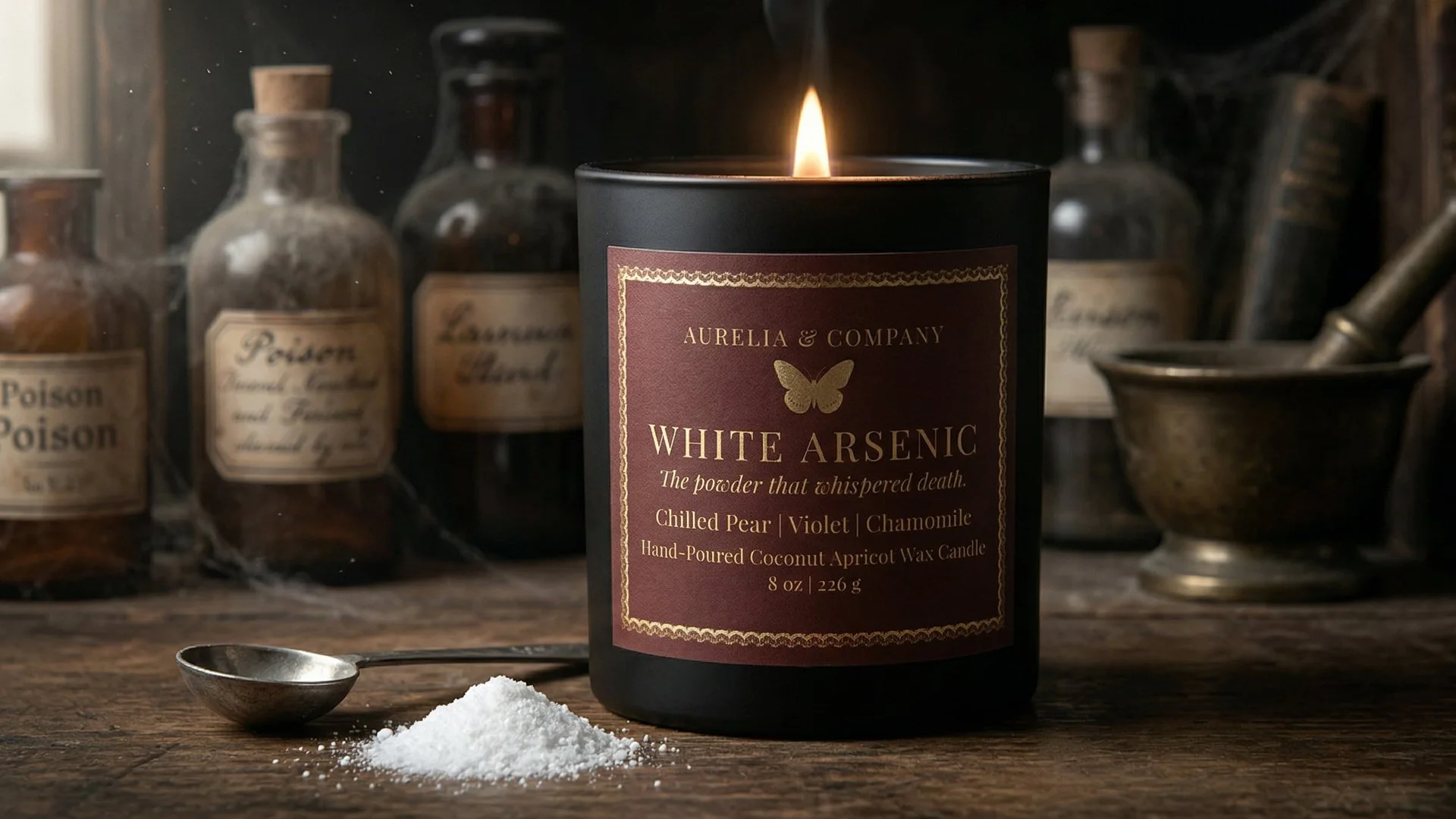 A lit candle labeled 'White Arsenic' by Aurelia & Company, with a butterfly logo, placed on a wooden surface. Behind it are old bottles labeled 'Poison' and various glass containers, with a mortar and pestle to the right, and a silver spoon and pile of white powder in the foreground.
