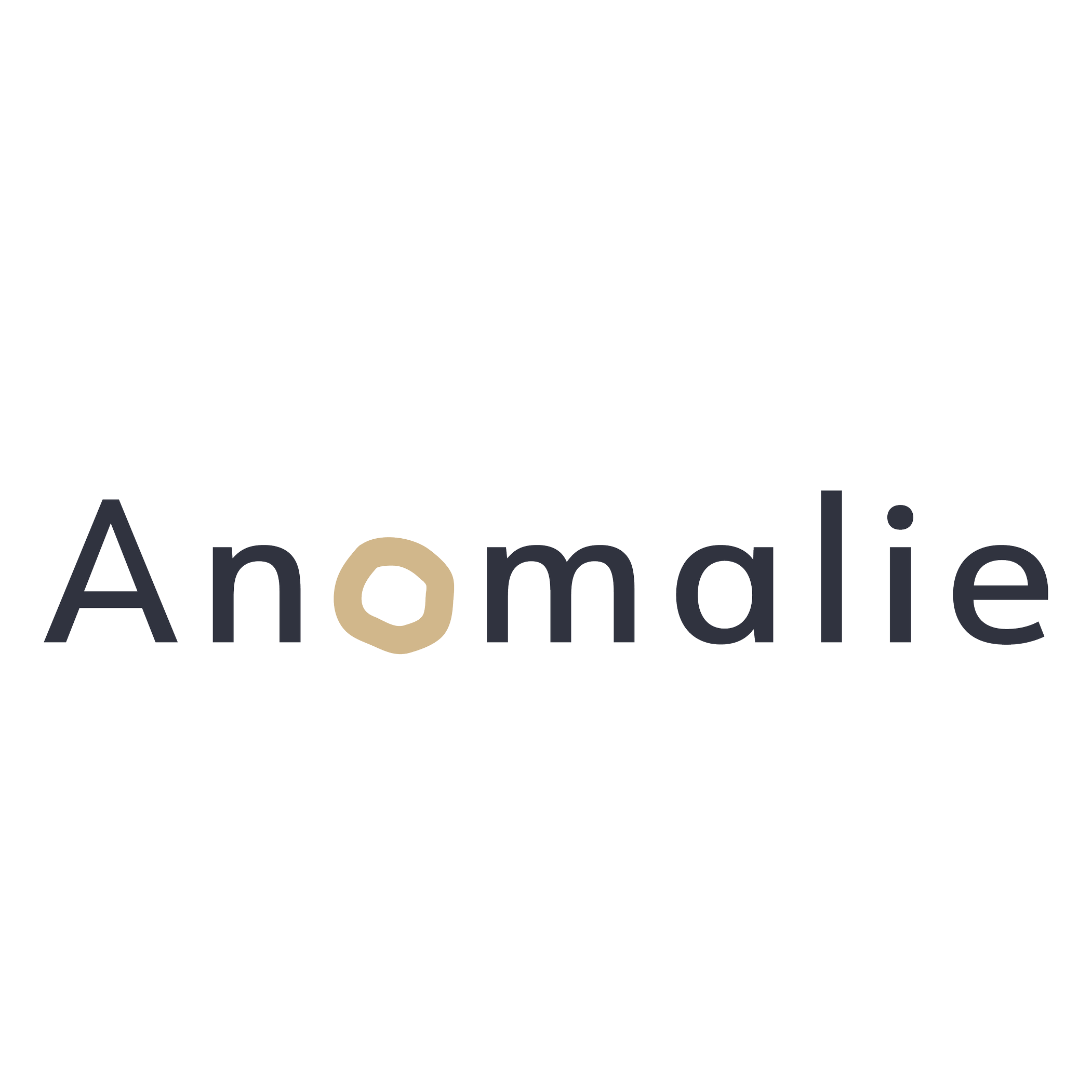 Logo avec le mot 'Anomalie' en lettres marin et un cercle beige à la place du 'o'.