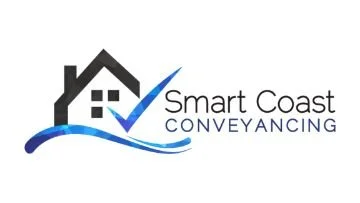 Logo for Smart Coast Conveyancing featuring a house with a check mark and a wave design.