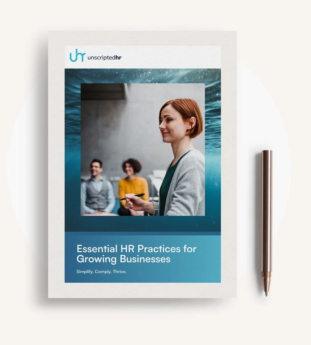 Cover of a book titled 'Essential HR Practices for Growing Businesses,' featuring a woman with short red hair in profile holding a pen, with two blurred people in the background, and a blue and white design with a galaxy pattern.