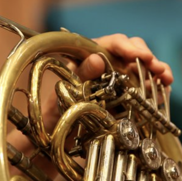 Close-up of a person holding a brass French horn with intricate tubes and valves.