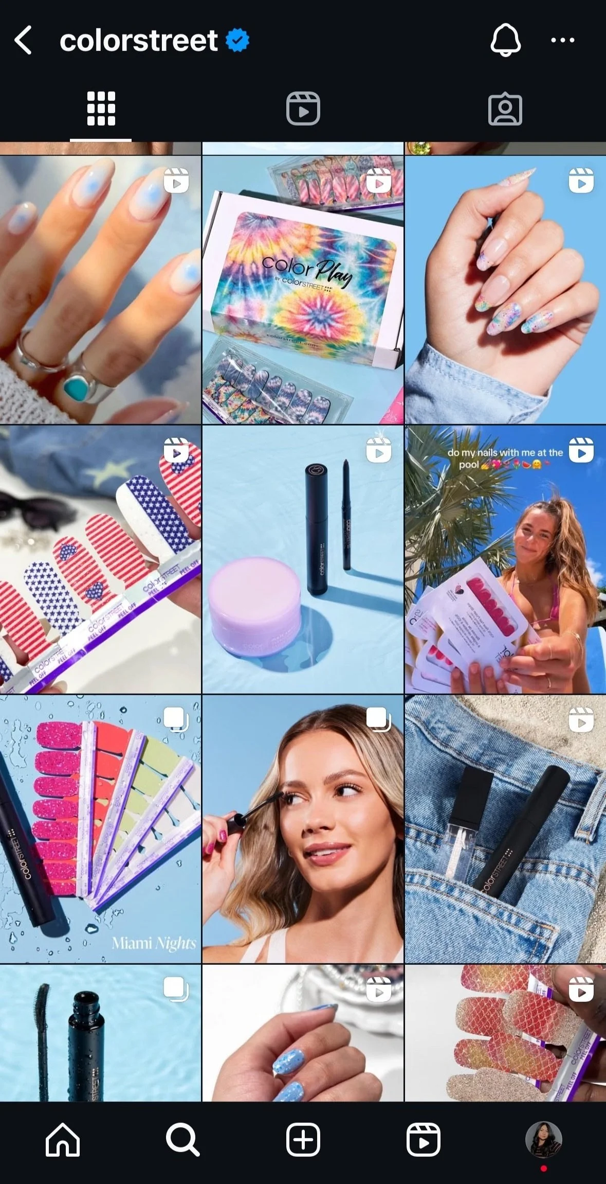 Collection of images including nail polish swatches, a manicure kit, a woman applying makeup, and a woman at a pool holding nail polish samples.
