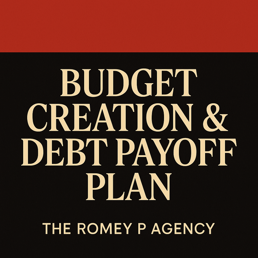 Cover image with a red top gradient and black background. Text in large cream-colored font reads: "BUDGET CREATION & DEBT PAYOFF PLAN." Smaller text below reads: "THE ROMEY P AGENCY."