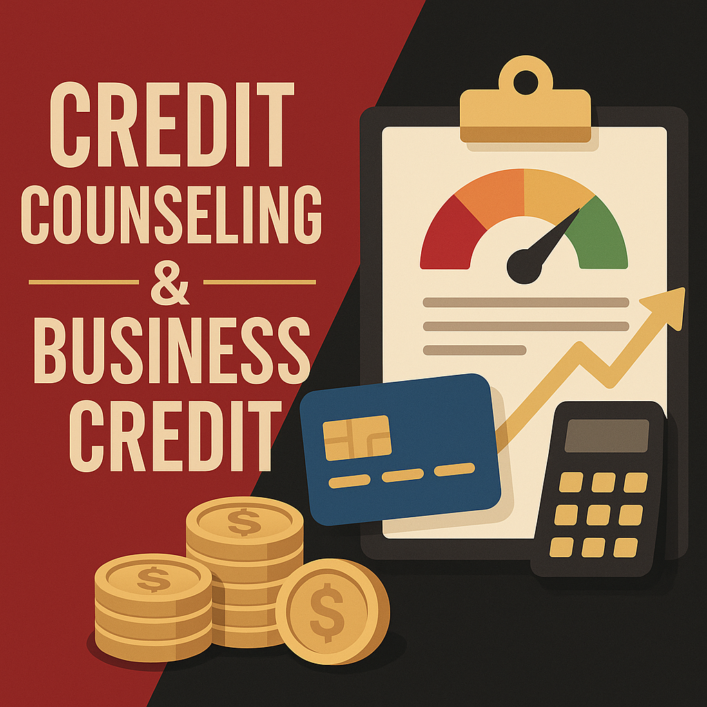 Graphic design with a red and black background, featuring text that reads 'Credit Counseling & Business Credit', alongside illustrated elements of stacked coins, a credit card, a clipboard with a gauge and upward arrow, and a calculator.